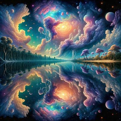 The primary subject of the image is a colorful, surreal landscape featuring a lake, trees, and a sky filled with clouds. The setting is a serene, natural environment with a sense of wonder and fantasy. The visual style is a combination of digital art and illustration, creating a vibrant and imaginative scene. The colors and mood are predominantly bright and lively, with a touch of whimsy and dreaminess.